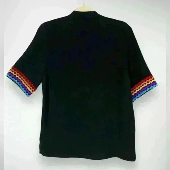 Women's Casual Boho Embroidered V-Neck Short Sleeve Shirt Fall Blouse - Picture 3 of 7